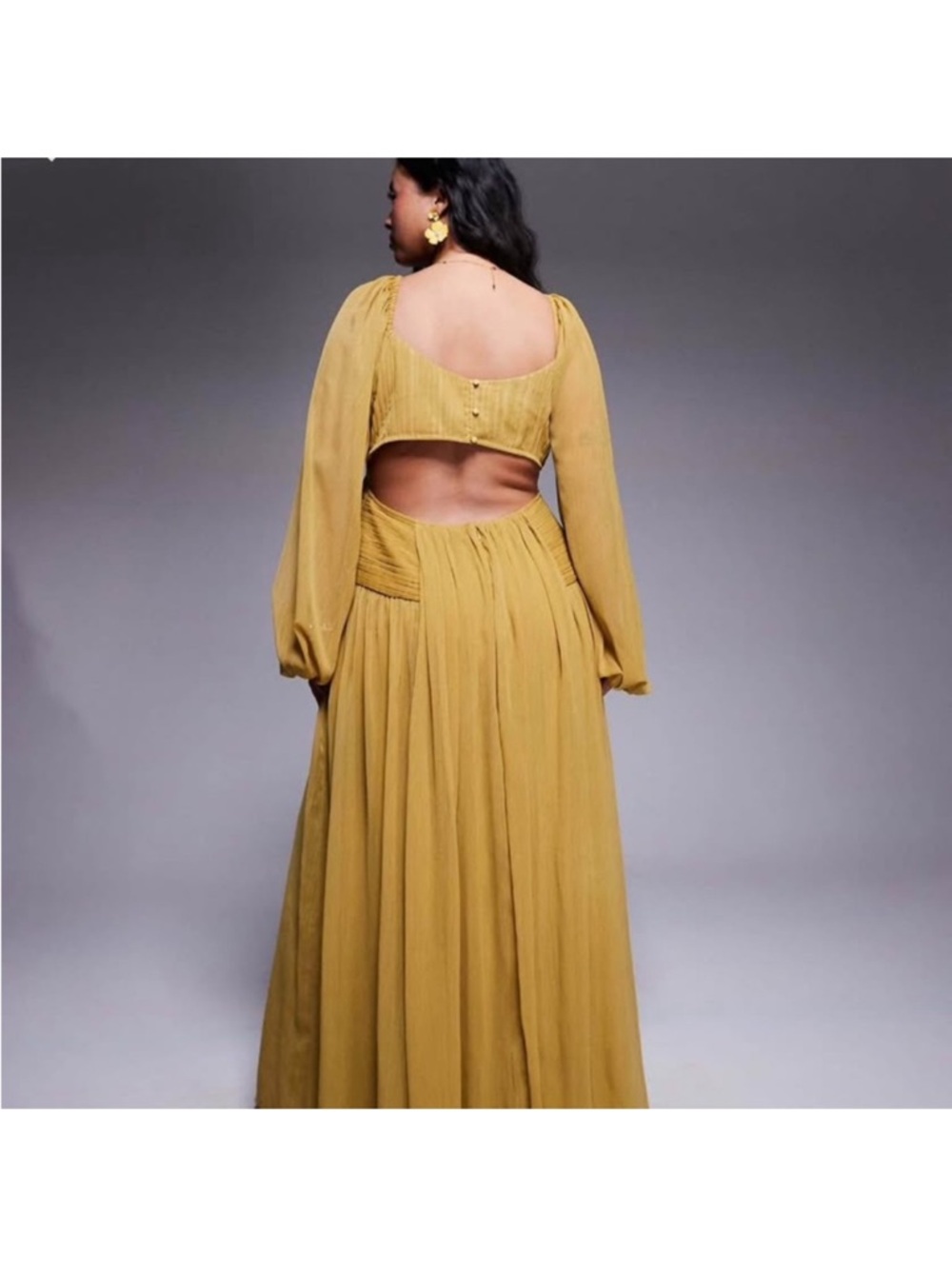 ASOS Curve Mustard Long-Sleeve Empire Waist Back-less Maxi Dress - Picture 2 of 7